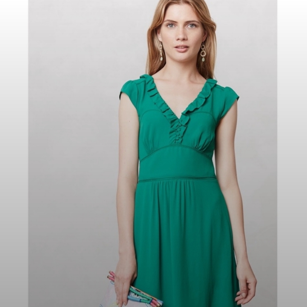 Maeve Kelly Green Ruffle Dress Anthropologie XXS XS 0 cap sleeve della Anthro